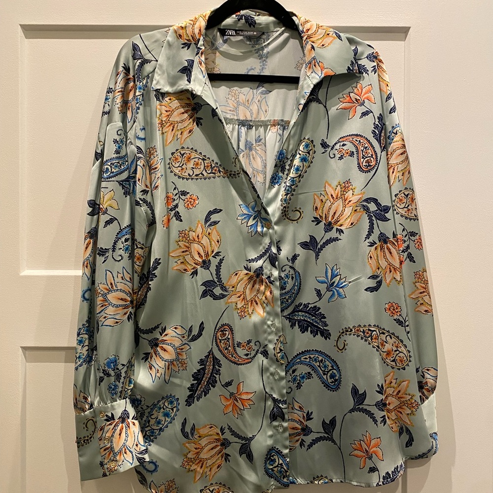 Zara silk effect floral print shirt